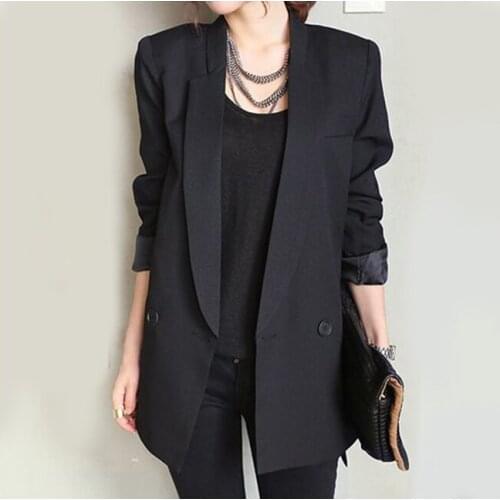 2019 Womens Blazer Notched Collar Solid Long Black Jacket Ladies Double Breasted Blazers feminino
