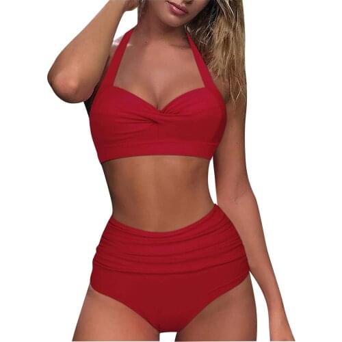 Solid Swimwear Women Vintage Swimsuit Two Piece Retro Halter Ruched High Waist Bikini Set Beach Swim Suit купальник женский 2021