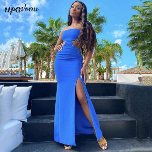 Free Shipping 2020 New Fashion Sexy Wrapped Chest Halter Hollow Split Long Dress Women Blue Bodycon Club Party Dresses Vestidos