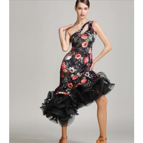 Exquisite Luxury flower latin dance dress Black Latin Salsa dance dress One shoulder Women dance