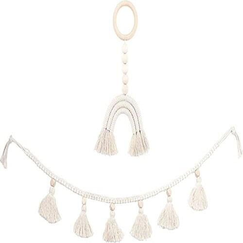 2 Pack Macrame Wall Hanging Tassel Garland Banner Chic Bohemian Decor for Nursery Apartment Dorm Living Room Bedroom Wedding