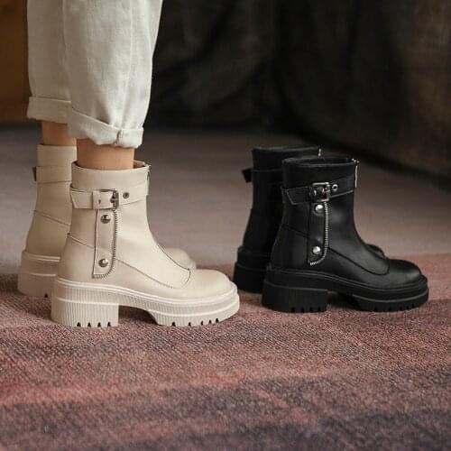 2021 Split Leather Round Toe Women Boots ZIP ANKLE Boots Thick Heel Platform Shoes Female Boots Women Shoes Martin Boots