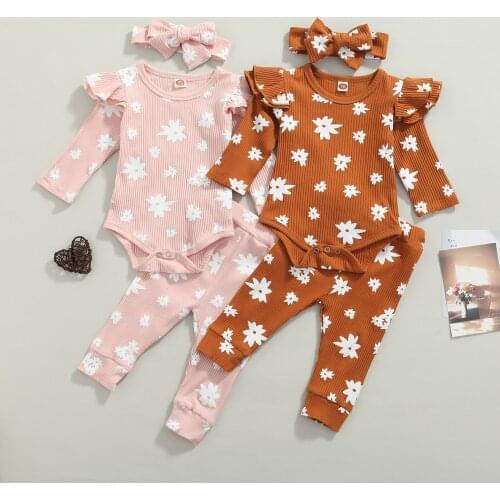 Autumn Baby Girls Fashion Clothes Set 3pcs Suit Floral Long Sleeve Romper Tops+Pants+Headband Toddler Cotton Clothes Sets