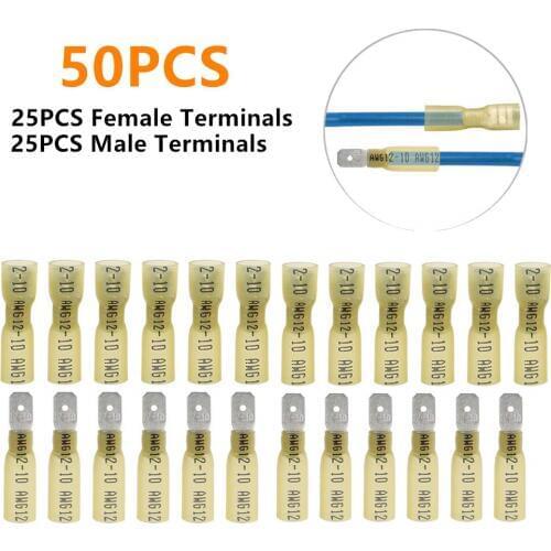 50PCS Heat Shrink Spade Quick Disconnects Connectors Insulated Male/Female Wire Crimp Connectors Spade Terminals 12-10 AWG