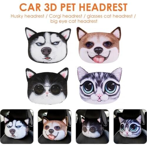 3D Cartoon Animal Car Headrest Pillow Cushion Husky Corgi Dog Cat Shape Neck Pillow Rest Pad Universal Auto Interior Accessories