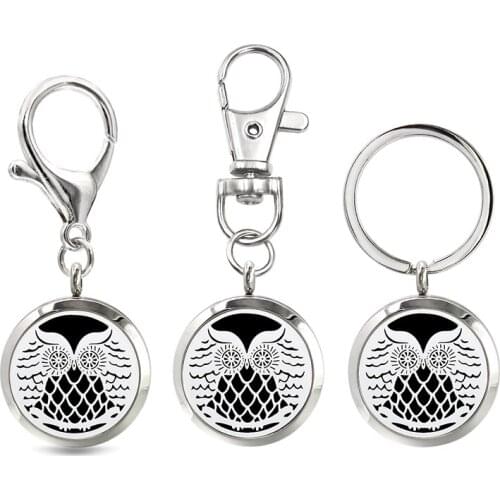 Owl Aromatherapy Jewelry Keychain 30mm 316L Stainless Steel Essential Oil Perfume Diffuser Keyring Key Chain Lobster Clasp