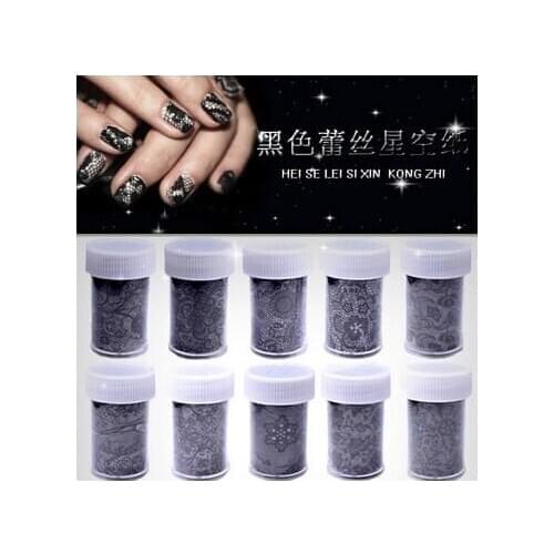 500pcs 10 Design Black Lace Transfer Star Nail Art Foils Sticker Nails Decals Beauty Gel Polish Wraps Decoration