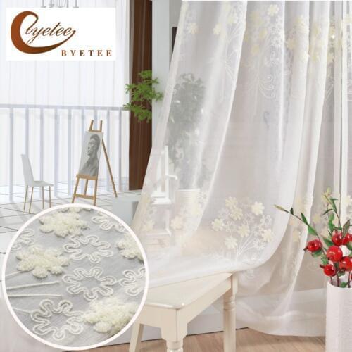 [byetee] Cotton And Linen White Embroidered Voile Korean Pastoral Living Room Bedroom Bay Window Terraces Finished Curtain Tulle