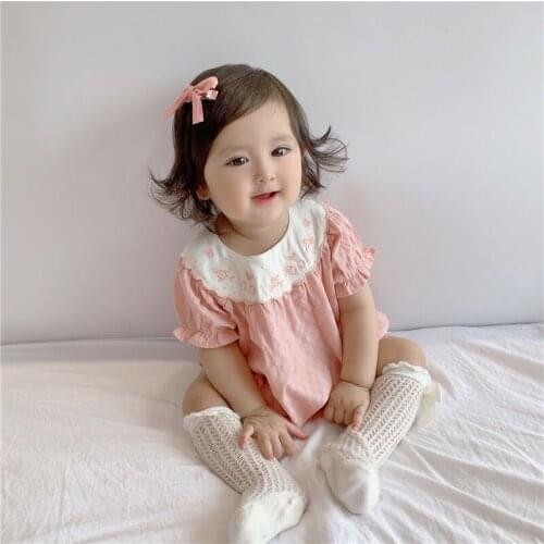 Summer 2021 Baby Girl Floarl Bodysuits Sets Sweet Korean Style Princess Jumpsuits Embroidery Collar Short Puff Sleeve Cotton Ro