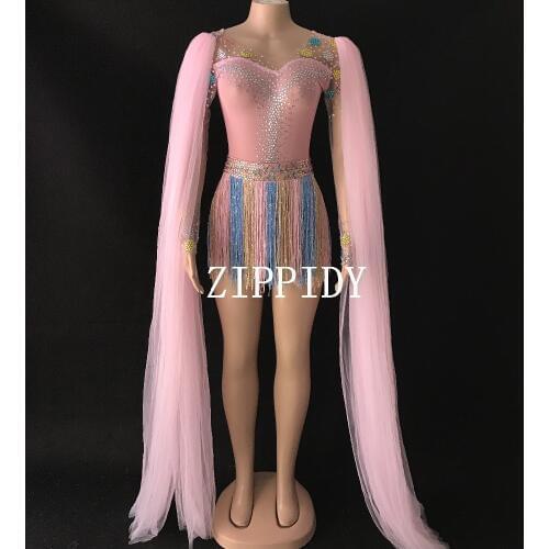 Fashion Pink Mesh Rhinestones Tassel Bodysuit Long Sleeves Stage Dance Multi-color Fringes Costume Nightclub Dance Cute Leotard