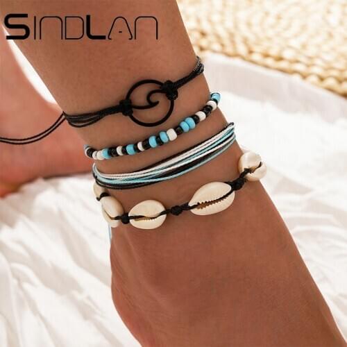 Sindlan 4Pcs Natural Shell Weave Anklet Bracelets Set for Women Boho Charm Black Rope Beads Chain Female Handmade Feet Jewelry