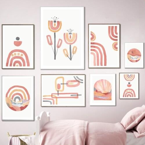 Rainbow Boho Flower Curve Mountain Wall Art Canvas Painting Nordic Posters And Prints Wall Pictures Kids Room Minimalist Decor