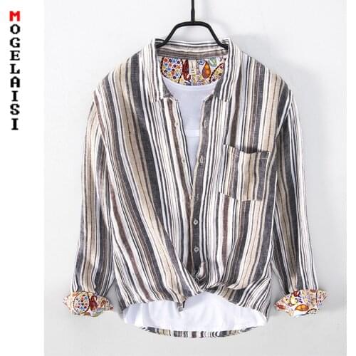 2021 New Autumn linen shirt men fashion long sleeve Striped tops camisa masculina 757