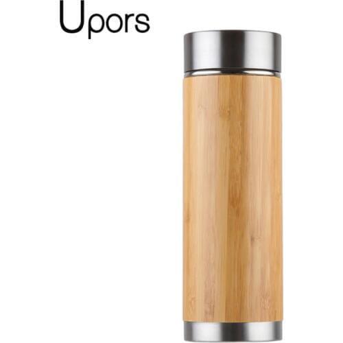 UPORS 450ml Bamboo Thermos with Tea Infuser Stainless Steel Insulated Coffee Tumbler Leak Proof Lid Travel Mug Thermos BPA Free