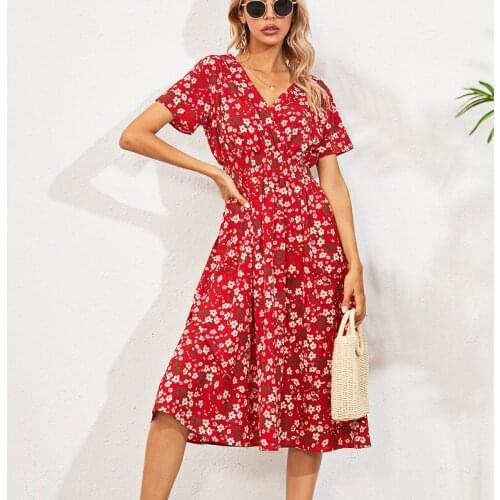 V Neck Vintage Printing White Party Dresses 2021 Summer Floral Beach Dress New Plus Size Midi Dress 7-color Vestidos Chic 14872