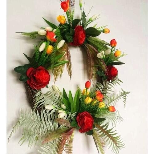 Artificial Flower Wreath Garland Home Wall Hanging Door Decor Tulip Garland Red Rose Retro Fake Flowers