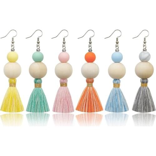 Retro Bohemia Tassel Dangle Earrings for Women Girls New Fashion Perfumes Wood Silicone Beads Hand Knitted Drop Earrings Gifts