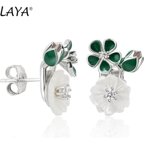 Laya 925 Sterling Silver High Quality Zircon Natural Shell Flower Green Leaf Enamel Stue Earrings For Women Trendy Jewelry