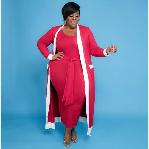 Color Block Patchwork Womens Set Autumn Tied Up Body-shaping Tank Long Dress and Full Sleeve Open Stitch Plus Size 2 Piece Set