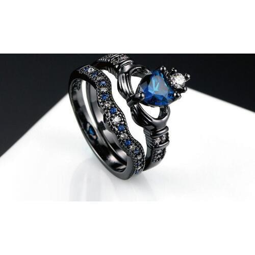 1PC Fashion Double Ring Lady Blue Zircon Heart Ring Jewelry direct
