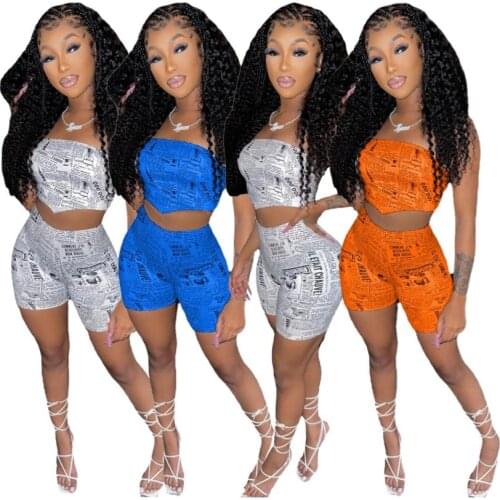 2 Pieces Suit Set Female Floral Print Sleeveless Strapless Crop Tops+ Short Pants for Summer Plus Size S-XXL