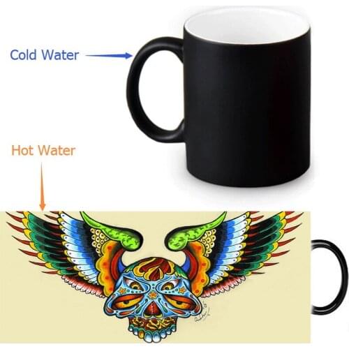 2017 Custom 12oz Mugs Sugar Skull Coffee Tea Milk Mug Hot Cold Heat Sensitive Color Changing Black Ceramic Cup