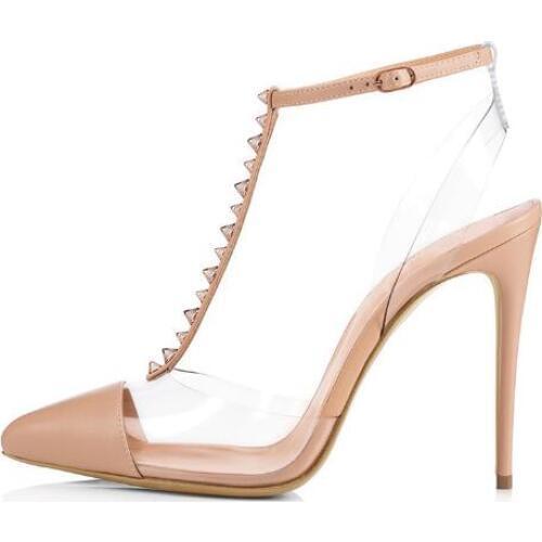 2018 Summer Newest Pointed Toe T-strap High Heel Sandal Sexy Transparent PVC Thin heels shoes rivets studded gladiator sandal