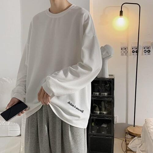 2021 Mens Loose Embroidered White Hoodies Round Neck Pullover Cotton Casual Sweatshirts Fashion Trend Clothes Coats Size M-3XL