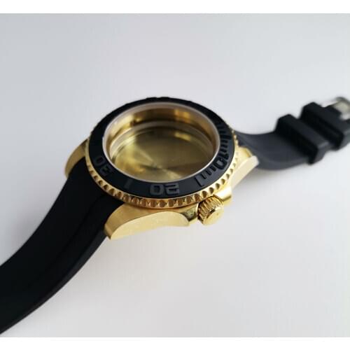 BLIGER Yellow Gold Coated SUB 40MM Automatic Watch Case fit NH35A NH36A Black Brushed Insert Sapphire Glass Curved Rubber Band