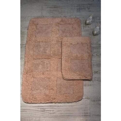 Bonny Home Square Cotton 2 Pieces 100% Cotton Bath Mat Non Slip Leather Based Machine Washable Bathroom Rug Set Carpet