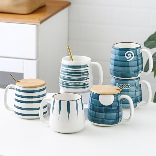 500ML Ceramic Mug Japanese Hand-Painted Afternoon Tea Cup Underglaze Breakfast Coffee Milk Cups With Lid And Spoon