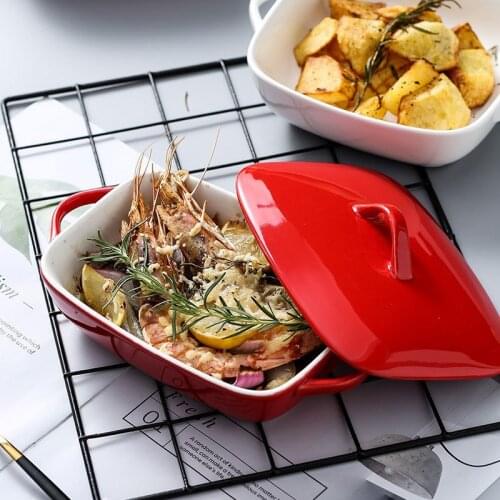 Baking Tray Ceramic Cheese Baking Dish with Lid Microwave Oven Western Dish Oven Special Creative Dish Household Baking Bowl