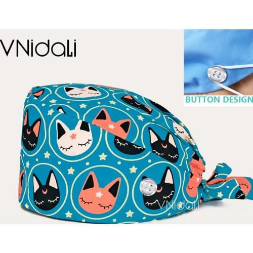 Cat printing hats scrub hat beauty salon working cap lab pet shop nursing scrub cap with button for Women & Men One Size