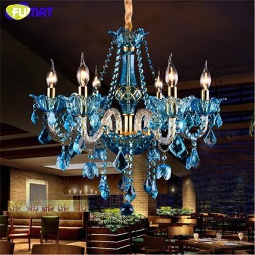 FUMAT Blue Crystal Chandelier Creative Candle Crystal Lighting Living Room Restaurant Bar E14 Candle Lampe Lustre Light Fixtures