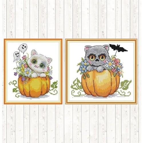 Halloween Cat Counted Cross Stitch Patterns Animals Painting Printed Canvas Counted Fabric for Embroidery Kit DMC DIY Needlework