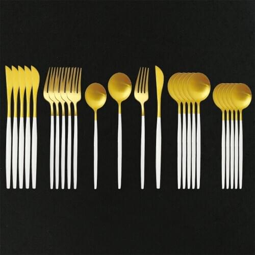 24Pcs Dinnerware Set White Gold 304 Stainless Steel Cutlery Dessert Spoon Fork Knife Western Tableware For Kitchen Flatware Set