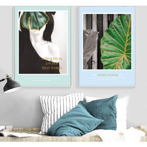 Golden Line Big Green Leaves Sexy Girl Wall Art Canvas Painting Nordic Posters And Prints Wall Pictures For Living Room Decor