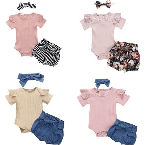AliExpress Solid Color Summer Sets Sunken Stripe Cloth Short-sleeved Top Waist Support Denim Shorts Three-piece Set Baby GIRLS