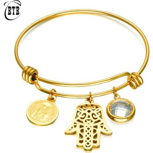 Wholesale Charm Golden Hand of Allah Muslim Stainless Steel Adjustable Size Bangles for Women Jewelry gifts