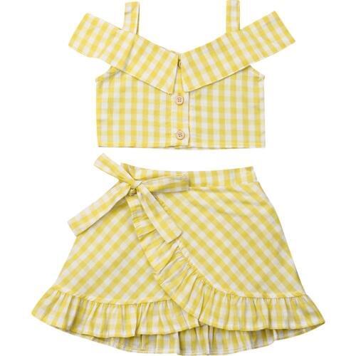1-5Y Toddler Baby Girls Plaid Clothes Sets Off Shoulder Crop Top+Ruffles Tutu Skirts Yellow Outfit