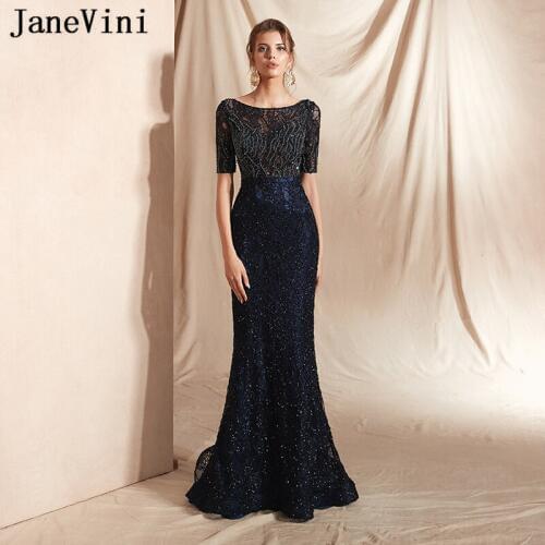 JaneVini Luxury Navy Blue Lace Mermaid Long Evening Dresses 2019 Lange Jurk Scoop Neck Beading Elegant Women Formal Party Gowns