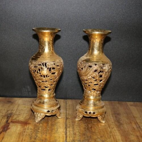 Home Christmas Decorations Gifts,Chinese Antique Collection,Old Brass 1 Pair Dragon Phoenix Vase ,Height 21cm