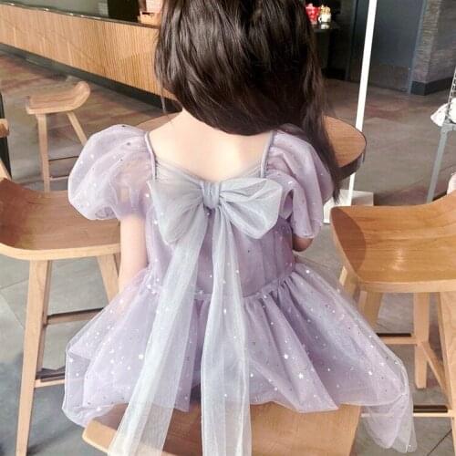 Girls Mesh Dress 2021 Summer Dress New Short-sleeved Shiny Mesh Yarn Bow Off-the-shoulder Princess Fluffy Clothes