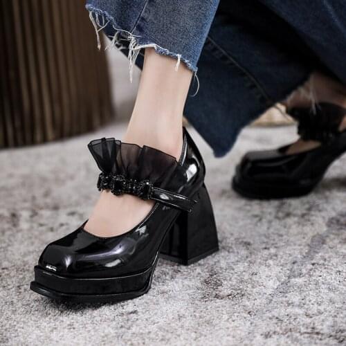 Women Sexy Party Shoes Platform High Heels 9cm Fashion Lace Mary Jane Bling Diamond Goth Lolita Striptease Shoes High Quality