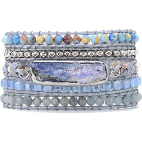 Unique Mixed Natural Stones Gilded Stone Charm 5 Strands Wrap Bracelets Handmade Boho Bracelet Women Leather Bracelet Dropship