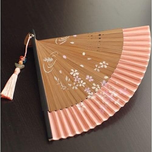 Moon Fan Bamboo Handle Folding Fan Silk Fan Hanfu Fan Female Fan Meat Pink Cherry Blossom Drifting