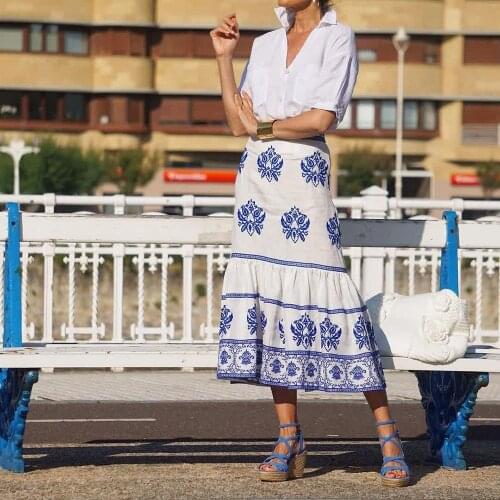 BBWM 2021 Summer Women Elegant Cotton Linen Boho Blue Embroidery Slim skirt Female Vintage High Waist Casual Skirts Ladies Skirt