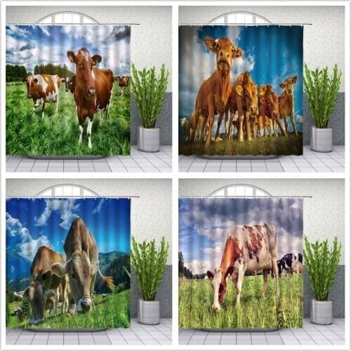 Farm Cow Animal Shower Curtains Green Grass Pasture 3D Print Pattern Bathroom Decor Waterproof Polyester Cloth Hanging Curtain