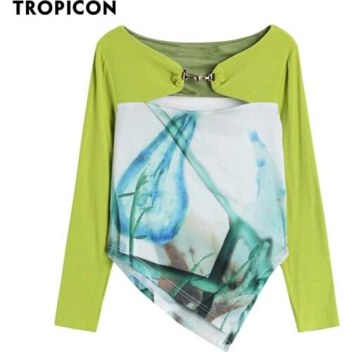 TROPICON Green Patchwork Asymmetrical Top Long Sleeve T Shirt Women Metal Button Tee Shirts Designer Tshirt Korean Fashion