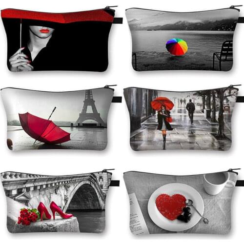 Red Umbrella Lady Cosmetic Bag Black Red Series Printing Girl Fashion Travel Cosmetic Case Shopping Portable Coin Purse